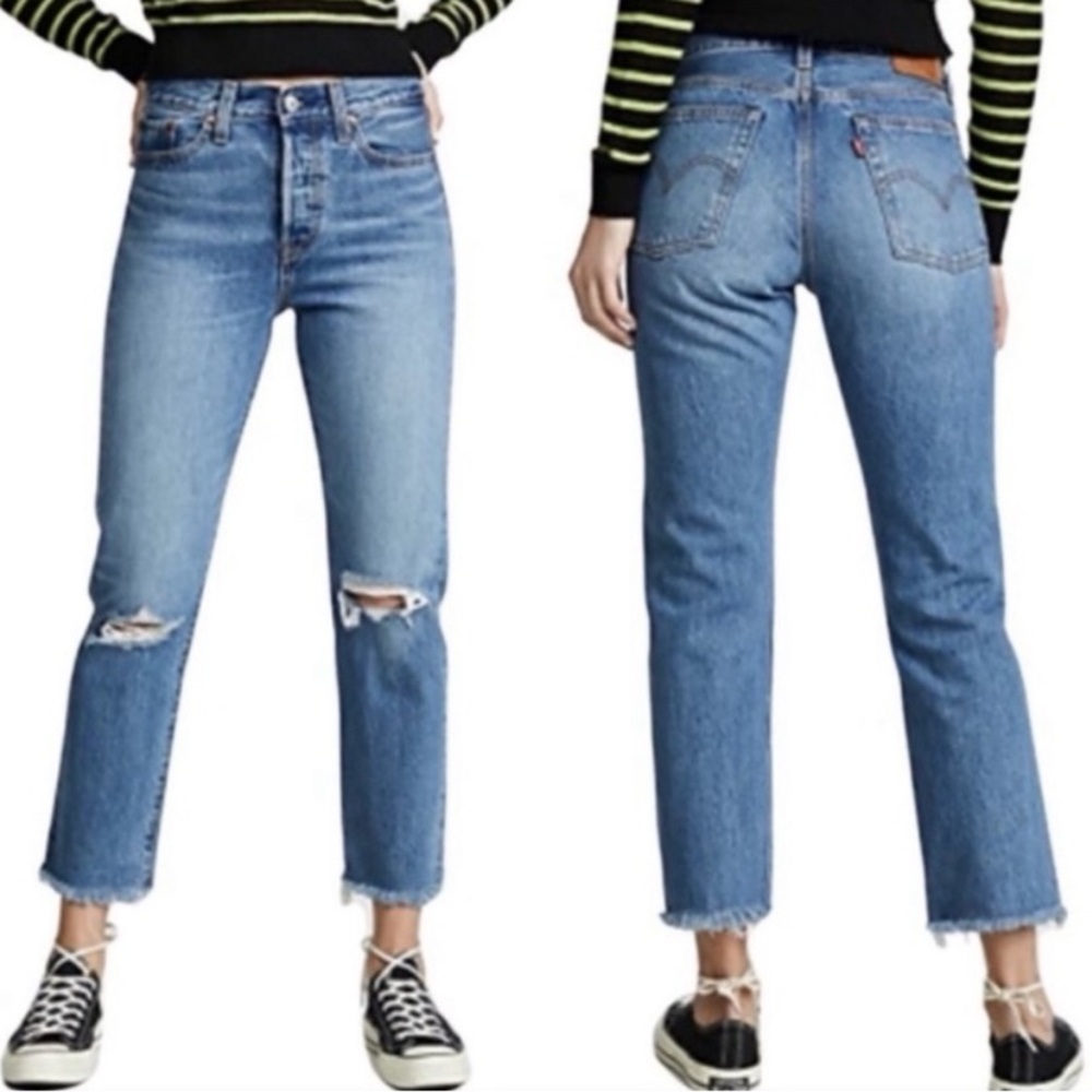 Levi’s Wedgie Straight Leg Hidden Button Fly Busted Knee Ankle Jeans Size 27